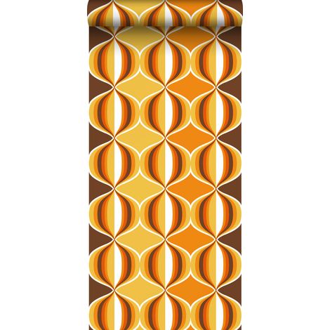 Papier peint à motif rétro jaune, marron et orange – Dimensions 53cm x 10,05m – Installation facile sans table à tapisser – Pour salon ou chambre (1/5)