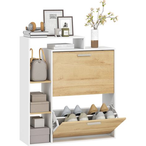 Mobile Portascarpe con 2 cassetti ribaltabili e ripiani, Bianco e Legno Naturale.