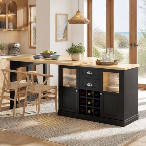 Table extensible 120-197x40x72 cm en MDF noir, avec rangement pour salle à manger FloraGrace (1/5)