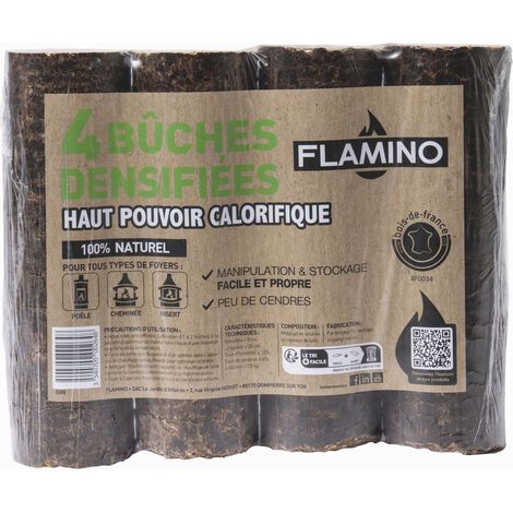 Flamino – Bûche calorifique densifiée lot de 4 – Ø 9 cm x 28 cm – 4,6 kWh/kg pour chauffage efficace – 100% naturel, fabriqué en France
