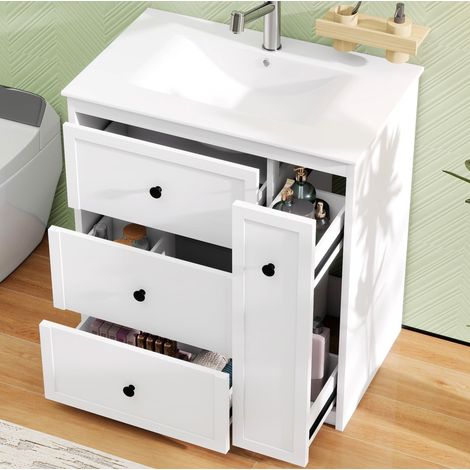 Meuble vasque sur pied 76x46x82 cm avec 4 tiroirs de rangement, vasque intégrée en céramique, MDF blanc (1/5)