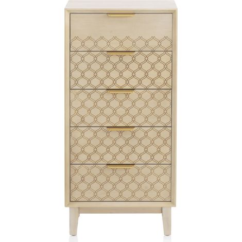 Commode à 5 tiroirs, placage chêne, finition ivoire (1/5)