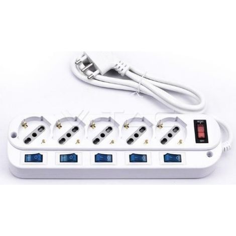 Regleta V-TAC de 5 enchufes, 10/16 A, doble pulsador/Schuko, 5 interruptores, 3500 W, 1,5 m