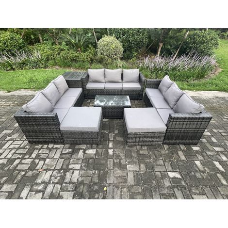 Fimous Ensemble de meubles de jardin en rotin avec Table basse Tables d'appoint 2 grand tabouret 11places Mélange gris foncé (1/5)