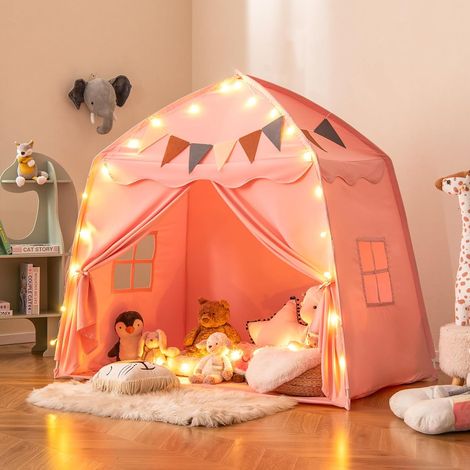 Goplus – Tente tipi enfant lavable en machine – 157 x 98 x 148 cm – 2 portes, 2 fenêtres – Intérieur/extérieur – Pour 3 enfants (rose) (1/5)