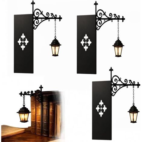 Lot de 3 serre‑livres décoratifs avec lanterne suspendue LED, éclairage chaud à piles boutons, style vintage pour bibliothèque et bureau (1/5)