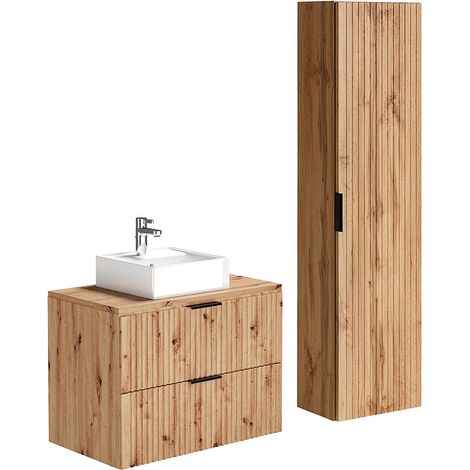Vente-Unique – Meuble sous vasque suspendu strié 80 cm – Mdf naturel clair – 2 tiroirs soft close – Vasque céramique à poser 41 cm