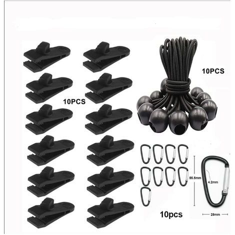 Lot de 10 Clip de Fixation Bache avec 10 Cordon Elastique avec Boule, 10 Pinces à Mousqueton pour Auvent, Clips de Verrouillage Pinces Clips de Bâche Clips Toile de Tente en Linoléum en Plastique (1/2)