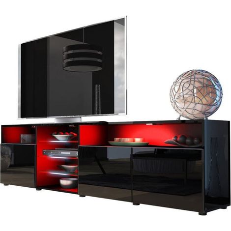 Dusine – Meuble TV Massimo 200 cm – Noir mat et laqué – 2 placards et 2 niches – Finition en acrylique – Production européenne (1/3)