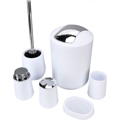 6 Pièces Accessoires Salle de Bain en Acier Inoxydable - Porte-Brosse à Dents et Poubelle Élégants Blanc (1/5)