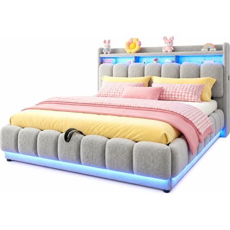 Lit coffre 180x200 en tissu bouclette gris avec LED, USB et prise, rangement hydraulique, sommier à lattes métal pour chambre moderne - CHICFURN (1/5)