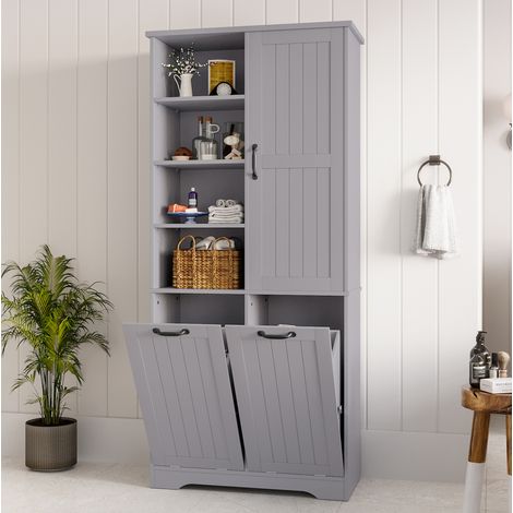 Armario de baño 78 x 35 x 172,7 cm MDF gris con 2 cestas para ropa - CHICFURN (1/5)