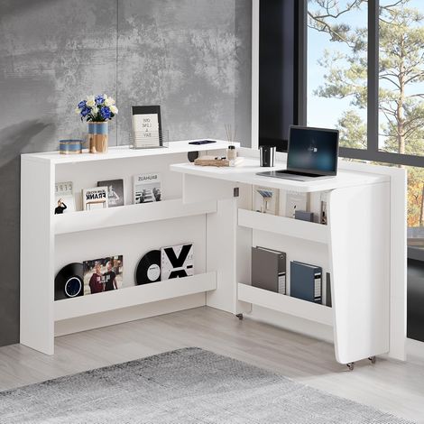 Bureau d'angle 115x27x93 cm - Buffet avec Bureau Pliable 2-en-1, Chargeur sans Fil, roulettes et Protection Anti-Basculement - Blanc Brillant (1/5)