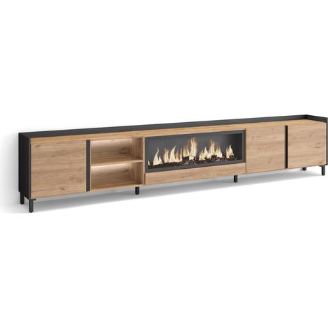 Skraut Home - Mueble TV, Televisión, Muebles de salón, almacenaje, 315x35x61cm, Para TV hasta 80", Chimenea eléctrica XXL, Diseño industrial, LED, Estilo Moderno, Roble y negro (1/5)