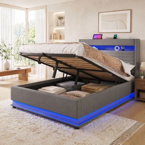 Lit coffre 140x200 cm gris en lin avec éclairage LED, ports USB Type-C et rangement hydraulique (1/5)
