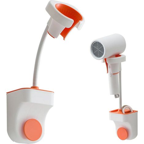Support mural réglable pour sèche-cheveux, bras pivotant, compatible avec la plupart des sèche-cheveux, blanc-orange (1/5)