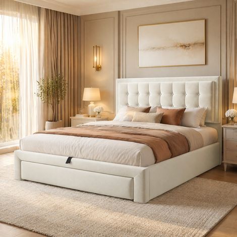 Lit rembourré 140x190 avec sommier à lattes, tête de lit réglable, beige DESVIAE (1/5)