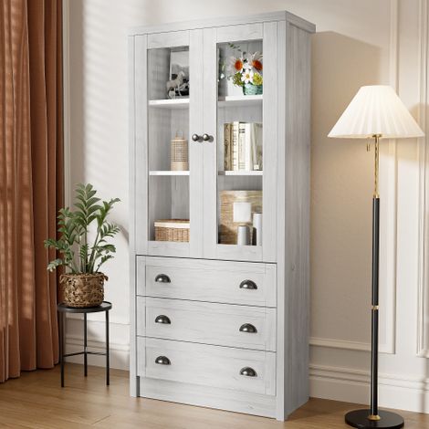 Aparador blanco, mueble efecto madera con puertas de cristal, 3 cajones y tiradores de cobre, para salón, despacho y recibidor, 80x34x171 cm (1/5)