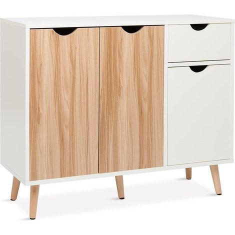 Sideboard Kommode mit Türen und Schubladen, Weiß & Eiche, 90x30x74 cm (1/5)