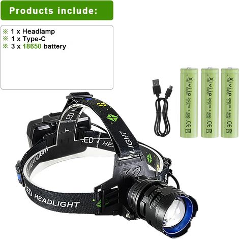 Lampe frontale LED haute puissance rechargeable (batterie 18650), portée jusqu'à 3000 m, idéale pour la pêche, la chasse et le travail. (1/5)