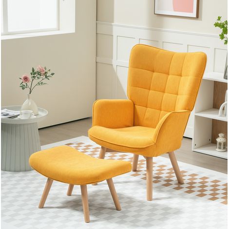 Sillón orejero con otoman, asiento acolchado, respaldo con capitoné, patas de madera, poliéster naranja (1/5)