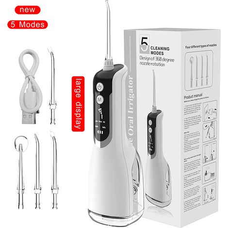 Hydropulseur dentaire sans fil – 4 modes de nettoyage – 4 buses interchangeables – IPX7 étanche – Pression d'eau 30-140 psi – Autonomie 25-50 jours
