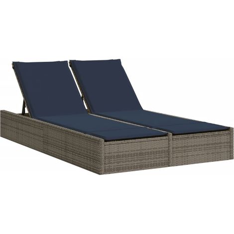 Chaise longue,Bain de soleil,Transat double avec coussins gris résine tressée CFW76657 (1/5)