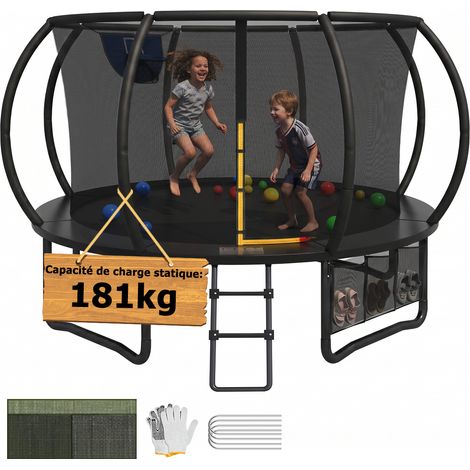 Trampoline extérieur ø 366 cm, capacité de charge 180kg, trampoline de jardin robuste pour enfants et adultes, avec panier de basket, sac de rangement, couverture de protection, échelle