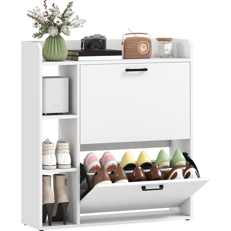 Scarpiera Slim Bianco 83x24x90.5 cm con 2 Cassetti Ribaltabili e 3 Vani per 15 Scarpe, Mobilier Pratique et Élégant (1/5)