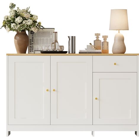 Buffet avec 3 portes et 1 tiroir de rangement – Commode buffet pour salon et salle à manger, finition naturel et blanc, 120 x 40 x 75 cm (1/5)