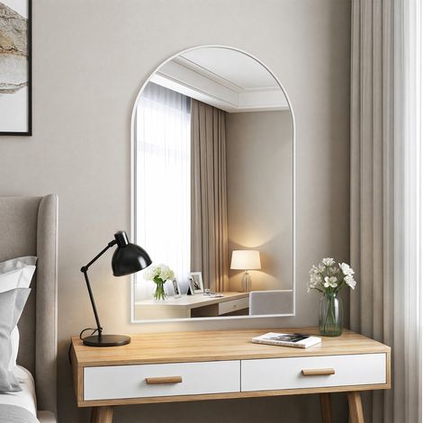 Miroir Cirqué mural 91x61cm – Cadre en métal – Miroir de maquillage - Miroir décoratif pour salle de bain, chambre, salon, couloir - Blanc