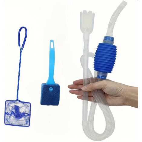 Sollbry Kit de Nettoyage Aquarium 3 en 1, Siphon de Vidange Manuel avec Pompe, Brosse Éponge Anti-Rayures et Épuisette Fine, Outil (1/5)