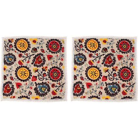 Lot de 2 nappes carrées vintage en coton et lin avec dentelle et motif tournesol, lavables, idéales pour les repas de pique-nique. (1/5)