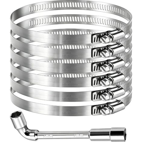 6 Pièces Collier de Serrage 141-165mm, Collier de Serrage Inox Réglable avec Une Clé pour les Tuyau D’aération Tuyaux D'échappement (1/5)