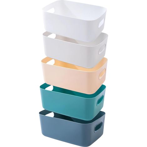 Lot de 5 Paniers Boîtes de Rangement en Plastique avec Poignées,Paniers de Rangement Empilables pour la Cuisine,Paniers & Boîtes de Rangement Cuisine Salle de Bain (Couleurs mélangées, 30×20×12 cm)