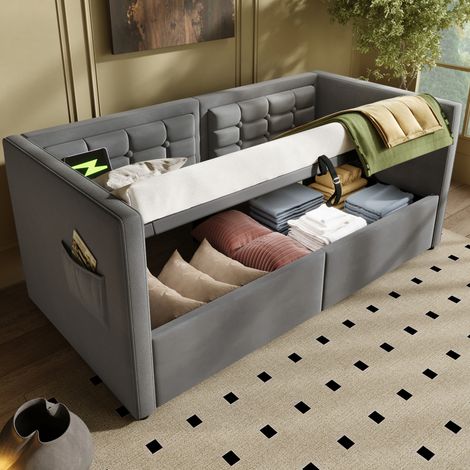 MEUBLIV Cadre de lit 90x190 cm gris – rangement hydraulique, USB/Type-C, sans matelas (1/5)