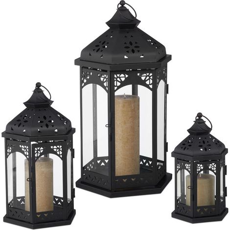 3er Laternen Set, Deko Laternen für draußen & drinnen, 3 Größen, vintage, Retro Windlicht für Kerzen, schwarz