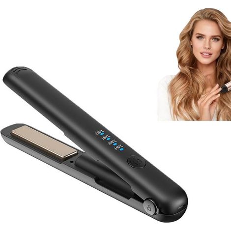 Mini lisseur et boucleur sans fil 2 en 1 - Revêtement céramique - 4 réglages de température - Convient aux cheveux courts et bouclés - Noir (1/5)