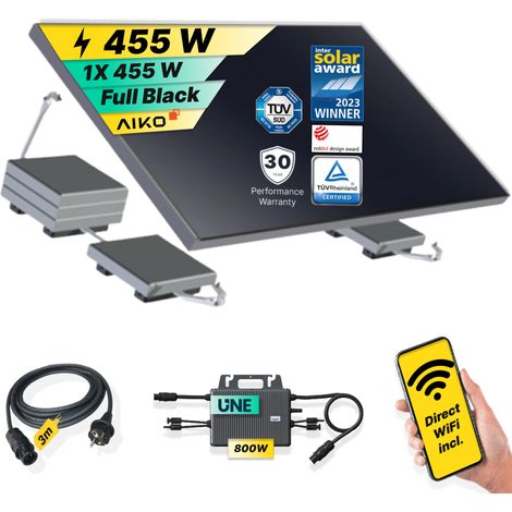 ROBINSUN®️ Kit Solar Enchufable Performance Flat 455Wp, 1 panel Aiko 455Wp + 1 Microinversor 800W con Wifi incluído + Cable 3m + 1 Fijación 20º