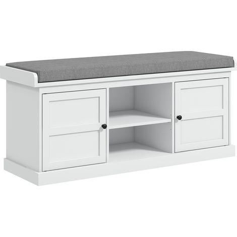 Stylish White and Grey Multi-Compartment Shoe Storage Bench with Comfortable Top Cushion for Organized Entryway