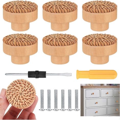 Lot de 7 boutons de meubles en rotin marron, poignées de tiroir, boutons de porte ronds pour placards, armoires, commodes, meubles de cuisine. (1/5)