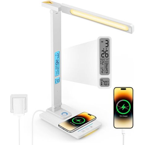 Lampada da scrivania a LED dimmerabile con funzione di ricarica - Lampada da tavolo con orologio e luce notturna con caricabatterie wireless da 10 W, porta di ricarica USB, lampada da scrivania pieghe