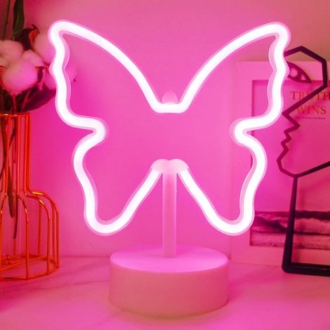 Lampe néon papillon, lampe LED néon avec base support, lampe de nuit papillon rose alimentée par USB ou 3 piles AA pour chambre de fille, jolie lampe pour anniversaire, fête, Noël, bureau