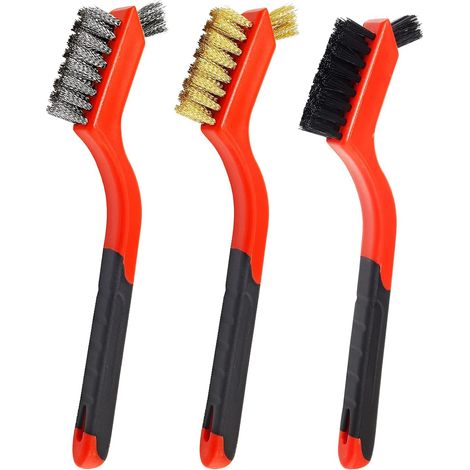 Paquete de 3 cepillos de alambre para fregar - Cerdas de acero inoxidable, nailon y latón, mangos suaves para eliminar óxido y suciedad - Accesorios de limpieza profunda - Naranja