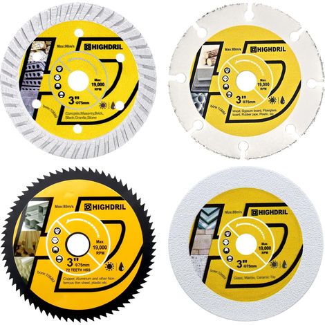 Lot de 4 lames de scie circulaire de 75 mm Disque de coupe diamant/HSS/carbure pour meuleuse d'angle, métal, cuivre, aluminium, granit, marbre, plastique, bois, verre (1/5)