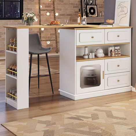 Mobile bar, Tavolo da bar con 4 cassetti e ante in vetro, diversi scomparti aperti, allungabile, tavolo alto con isola centrale, 125-181 × 39 × 104,5 cm, Bianco (1/5)