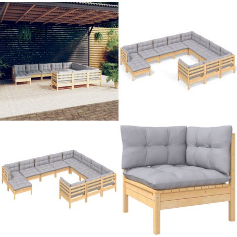 11-tlg. Garten-Lounge-Set mit Grauen Kissen Kiefernholz - Garten-Lounge-Set - Garten-Lounge-Sets - Home & Living (1/5)