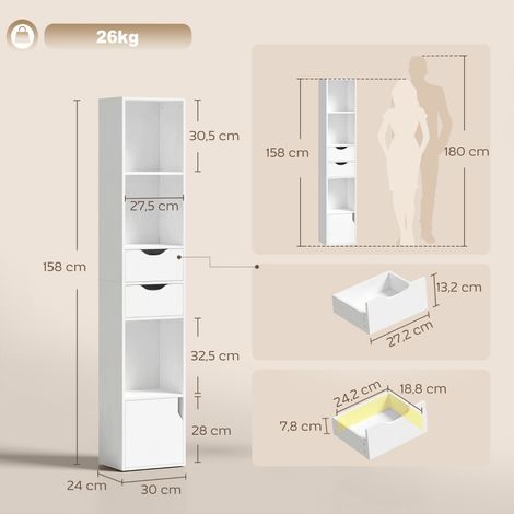 Estantería con 2 cajones, librería estrecha con 3 estantes abiertos, para oficina, dormitorio, 30x24x158cm, blanca (1/5)