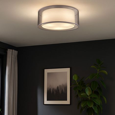LED Deckenleuchte grau rund Deckenleuchte Stoff satiniert Lampe Textil Wohnzimmer, Metall Stoffschirm, 3x E14 LED warmweiß, DxH 40x17,5 cm (1/4)