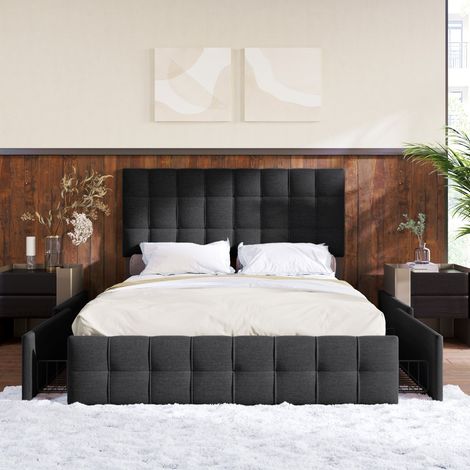 Lit double 140x200, 4 tiroirs et tête de lit réglable. Rembourré lin noir, design coutures carrées, sommier lattes métal inclus (sans Matelas) (1/5)